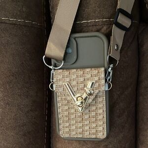 Beige Crossbody Phone Case with Gold Accent